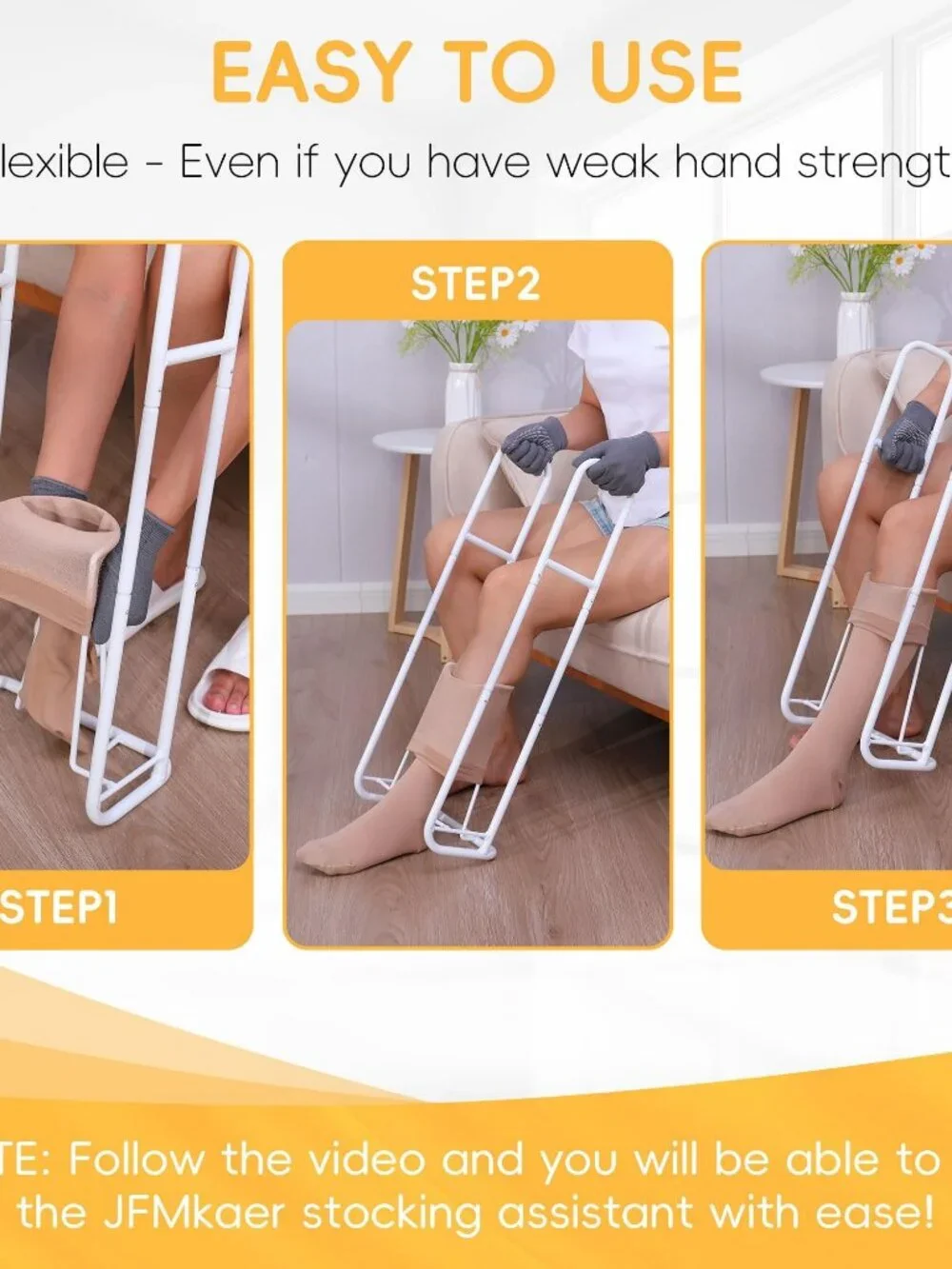 White Sock Aid with Extended Handles and Non-Slip Gloves for Compression Socks